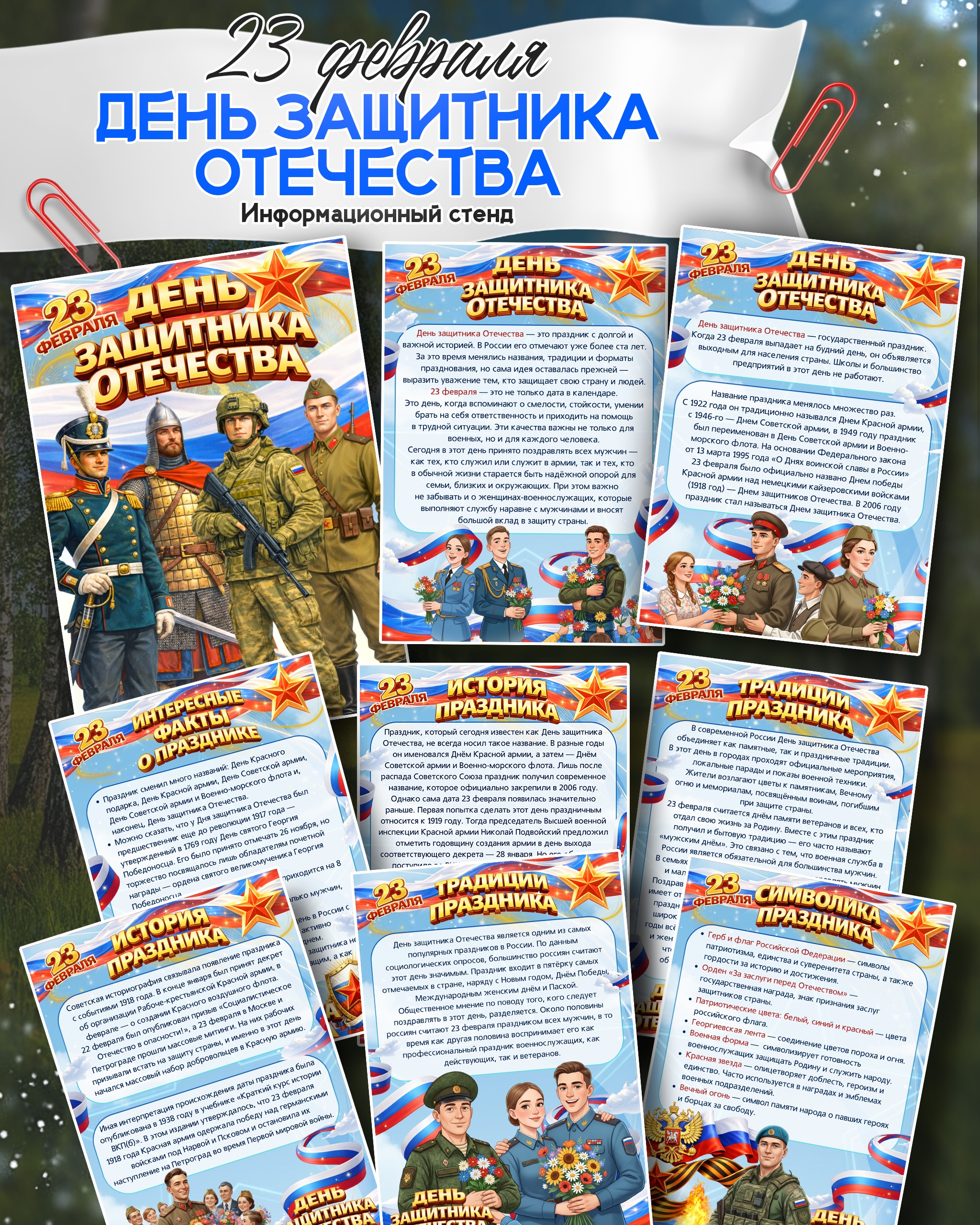 Готовый информационный стенд к 23 февраля — День защитника Отечества. История, традиции, символика и интересные факты — на 9 листах А4. Скачать и распечатать.