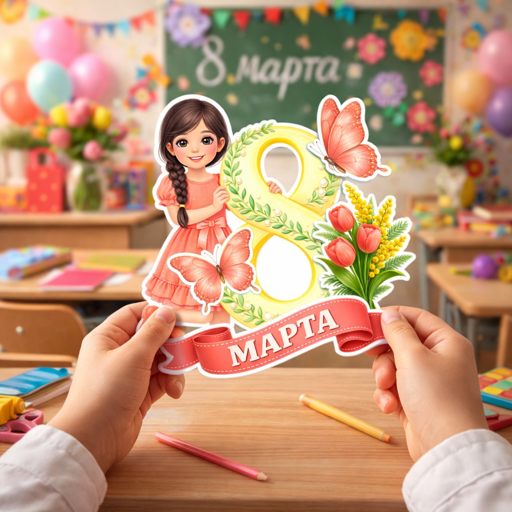 Поделка для печати на 8 марта - цифра 8 и девочка