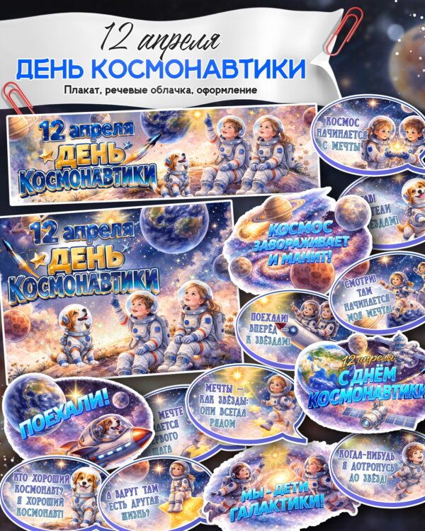 Оформление ко Дню космонавтики (12 апреля): плакаты, речевые облачка и элементы декора. Скачать и распечатать.