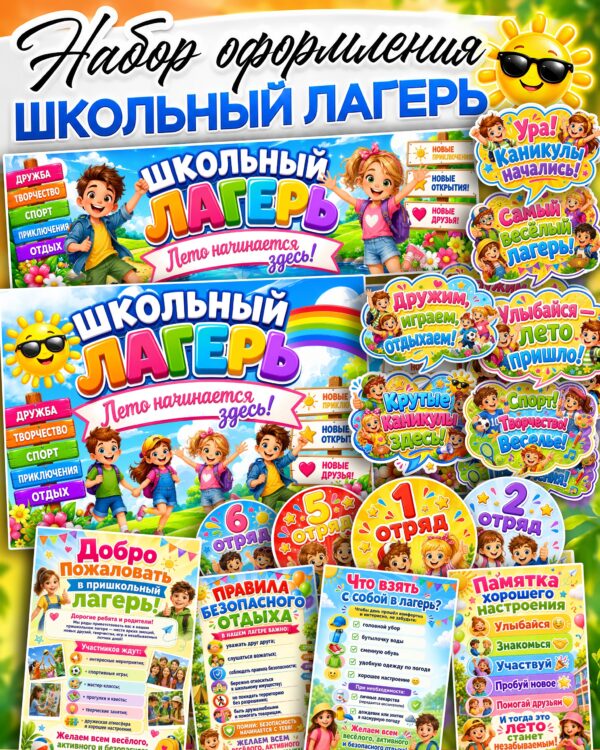 готовые шаблоны для оформления отрядного уголка и пришкольного лагеря распечатать на а4. Речевые облачка, плакаты, номера отрядов, информационные листы