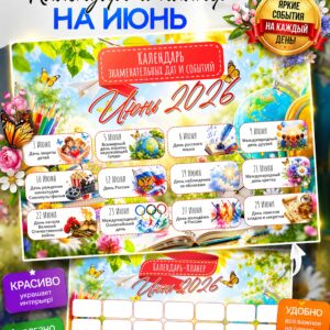 эстетичный календарь праздников и планер на июнь 2026 распечатать на а4