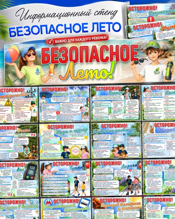 Информационный стенд «Безопасное лето»: растяжка и 18 листов с правилами поведения