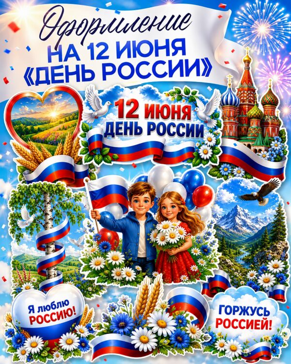 Оформление ко Дню России (12 июня) — тематический набор с патриотической символикой, PDF на 1–9 листов А4