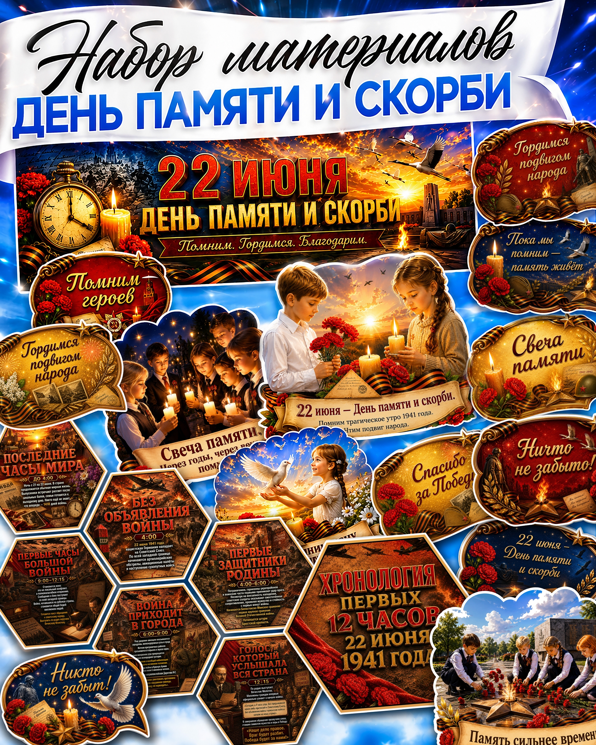 материалы для оформления стенда и доски, плакаты, соты, речевые облачка ко дню памяти и скорби 22 июня распечатать на а4