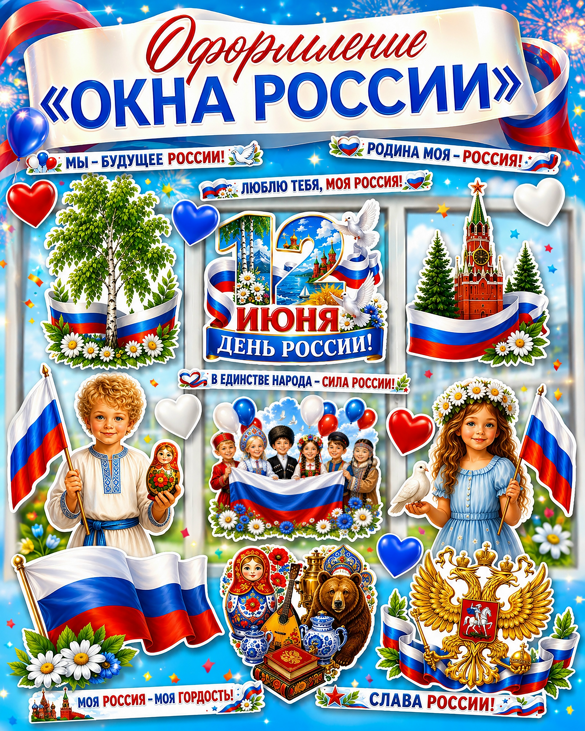 трафареты и вытынанки для украшения окон ко дню россии 12 июня распечатать на а4