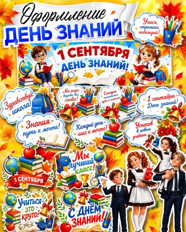 Оформление класса ко Дню знаний — иллюстрации школьников, книг и надписи на 1 сентября