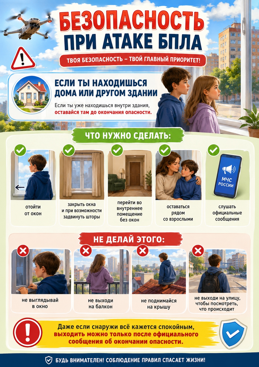Информационные листы Правила безопасности при атаке БПЛА для оформления стенда в школу или ДОУ