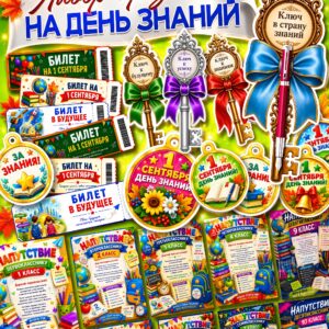 Набор презентов для учеников ко Дню знаний 2026 — открытки, медальки, билетики