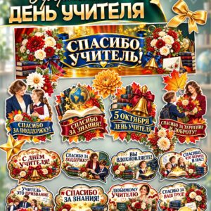 Оформление ко Дню учителя — растяжка «Спасибо, учитель», плакаты и речевые облачка к 5 октября