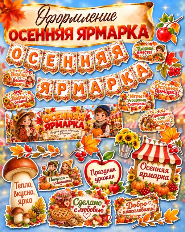 Оформление «Осенняя ярмарка» — растяжка, плакаты, флажки и облачка к празднику урожая