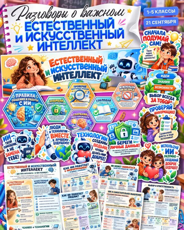 Оформление «Естественный и искусственный интеллект» для 1–5 классов — плакаты, соты и информационные листы