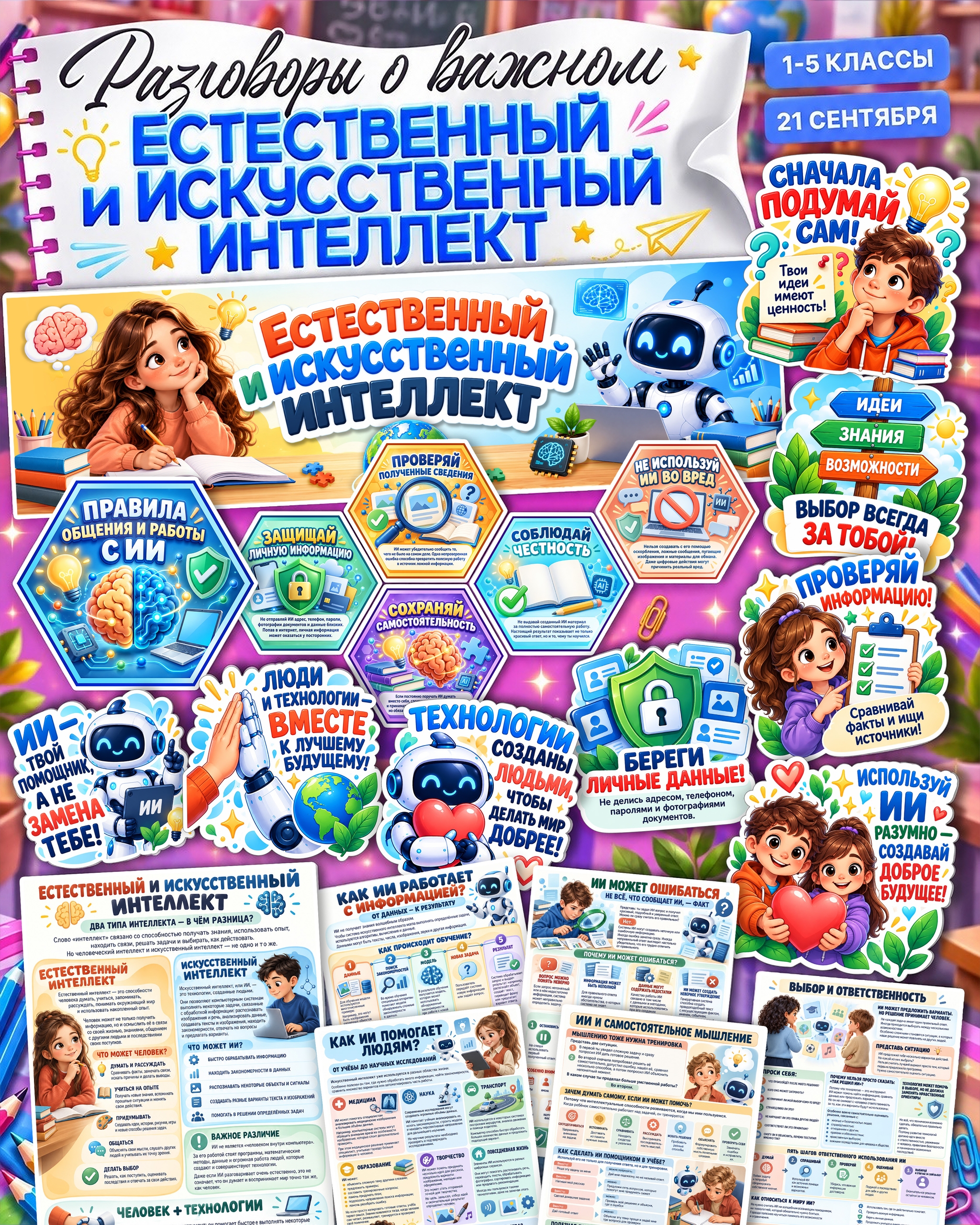 Оформление «Естественный и искусственный интеллект» для 1–5 классов — плакаты, соты и информационные листы