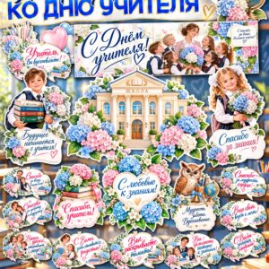Оформление коридора ко Дню учителя — крупные плакаты, растяжка и речевые облачка к 5 октября