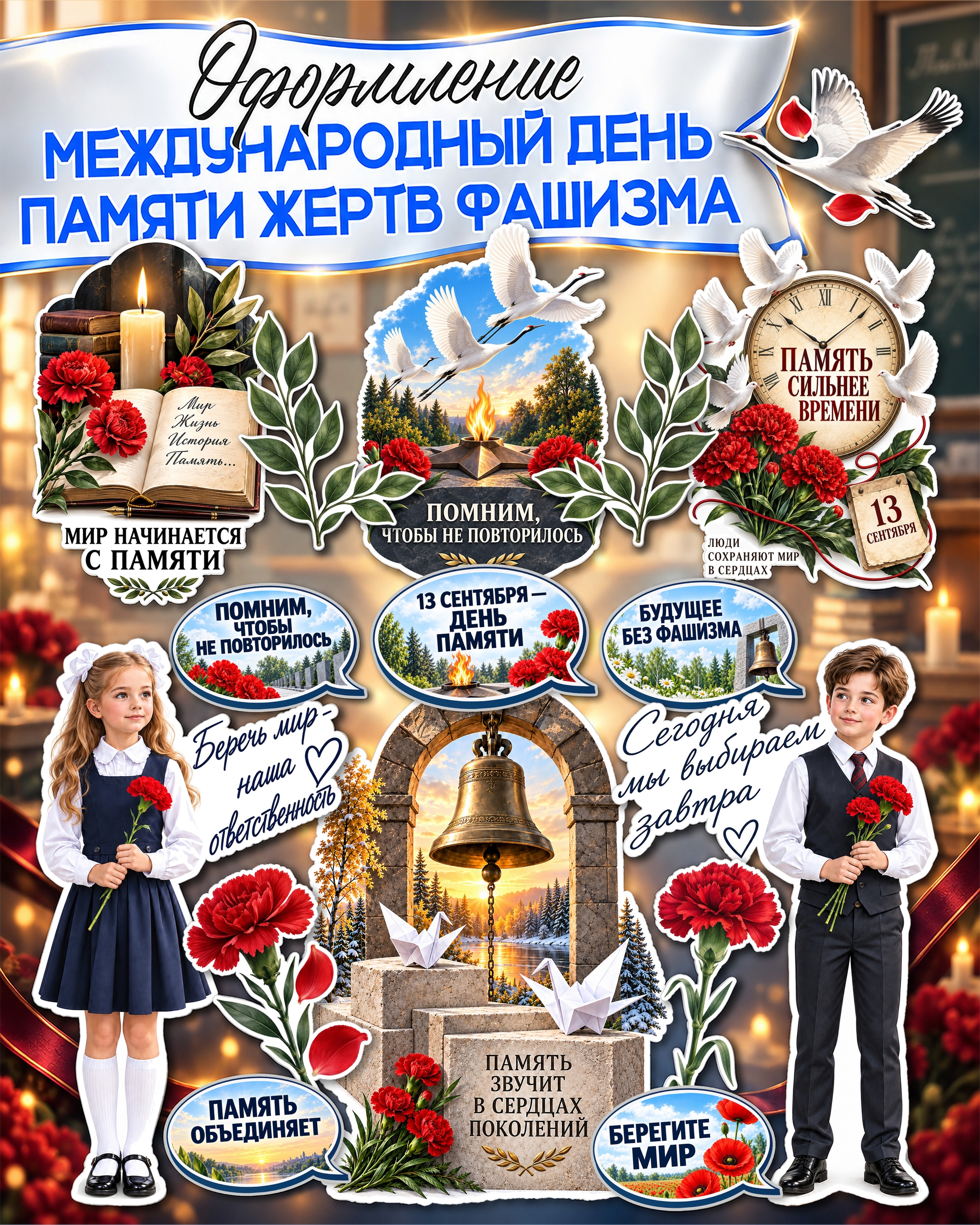 Плакаты ко Дню памяти жертв фашизма 13 сентября — речевые облачка, журавли и гвоздики