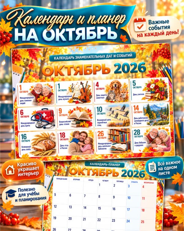 Календарь знаменательных дат на октябрь 2026 — праздники и события месяца с иллюстрациями