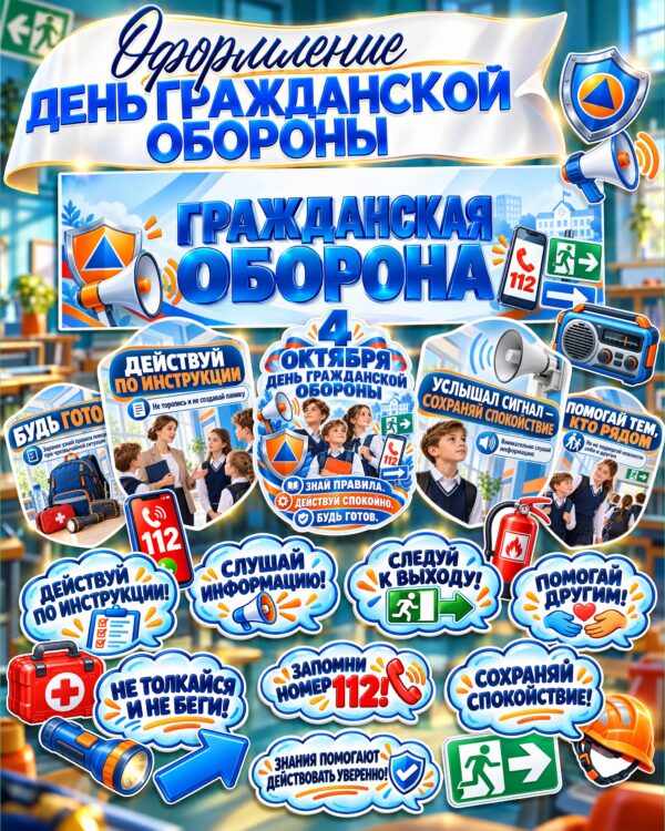 Оформление ко Дню гражданской обороны 4 октября — растяжка, плакаты и облачка с правилами безопасности
